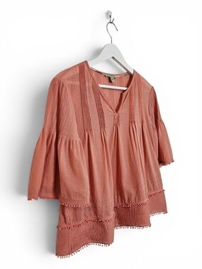 Burberry Brit Tunic Top S Boho Pheasant Pom Pom Pintuck Bell Sleeve Coral